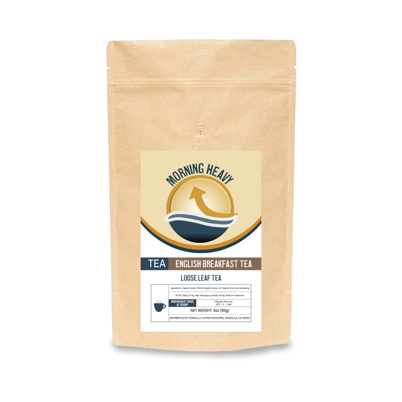 Kraft paper tea bag with 'Morning Heavy' branding on a white background