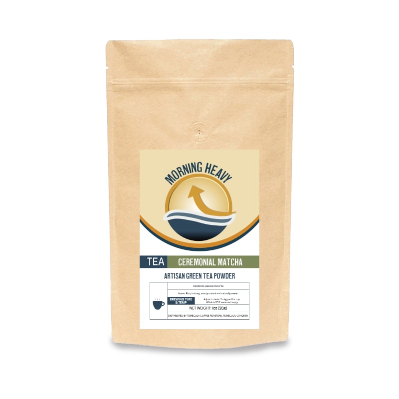 Kraft paper tea bag with 'Morning Heavy' label on a white background